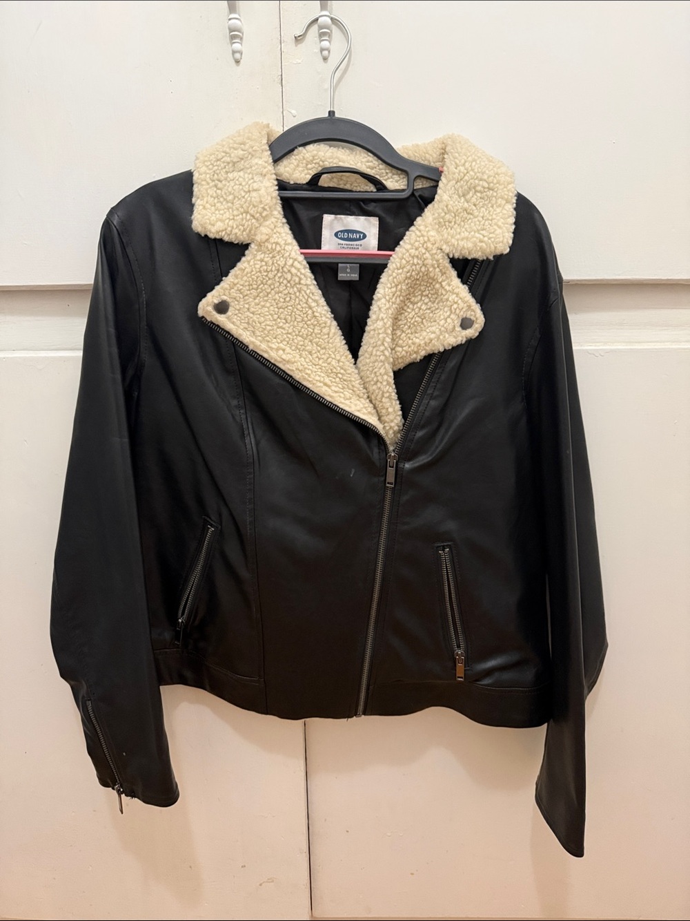Old Navy Black Faux Leather Jacket with Cream Sherpa Collar